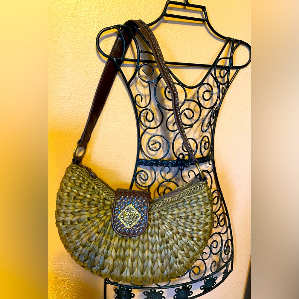 Coldwater Creek, half moon shoulder bag with brown straw weave